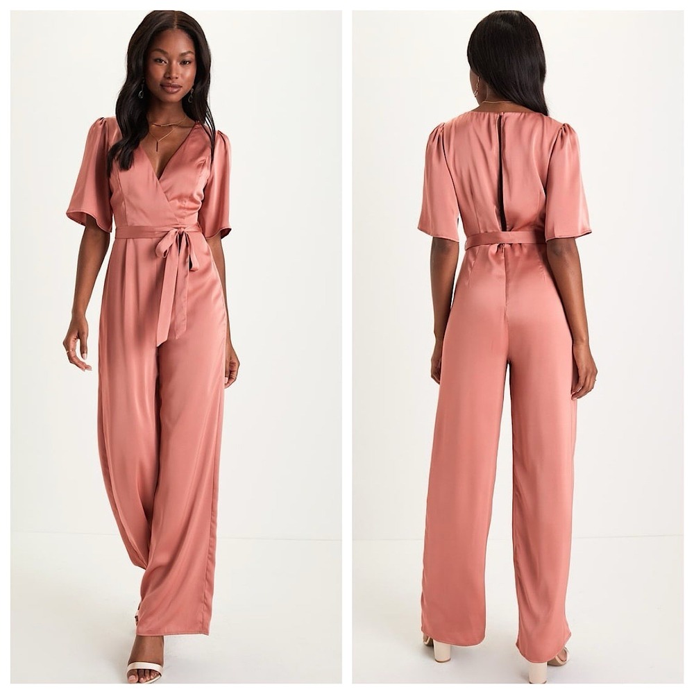 LULUS Satin Wide Leg Jumpsuit Womens Sz L Rusty Rose Belted Short Sleeve